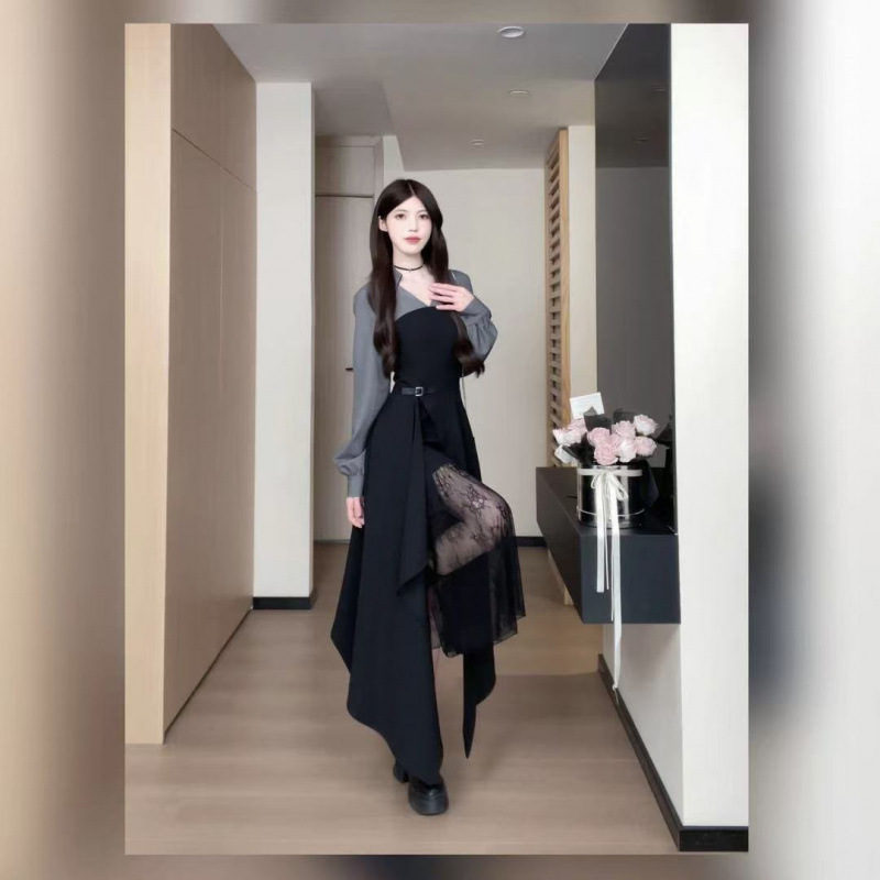 Autumn and Winter New Slit Splicing Shirt Dress Lace Asymmetric Long-Sleeved Dress Waist Irregular Mid-Length Skirt