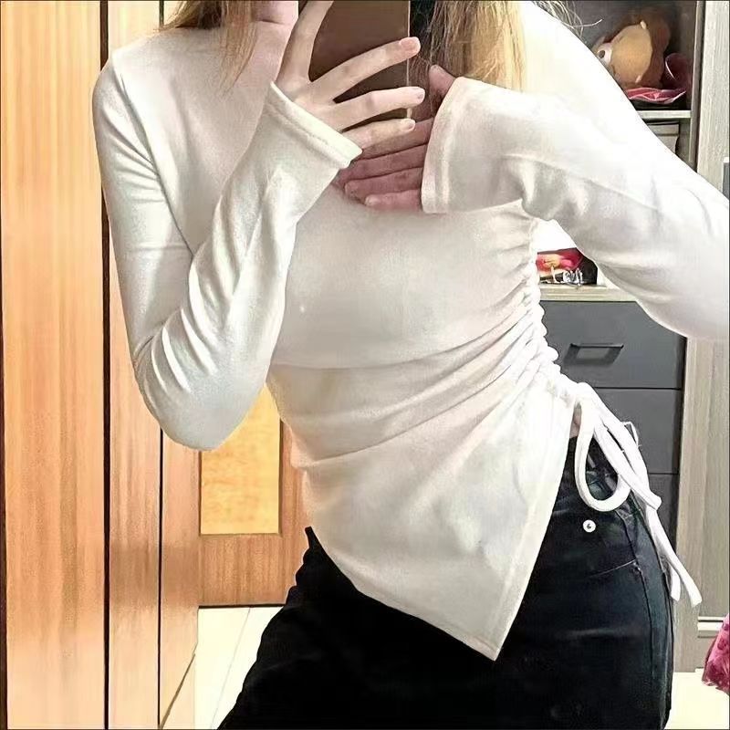 美式复古插肩长袖t恤女秋季短款修身紧身正肩早秋内搭打底衫上衣|undefined