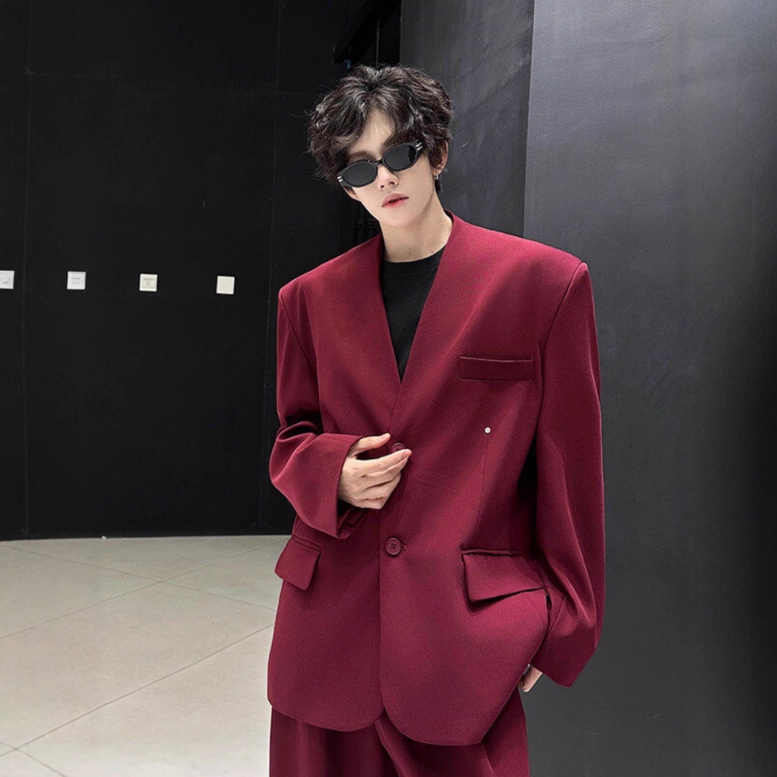 黑色无领西装男士春秋2025新款高级感痞帅夹克宽松休闲西服外套男