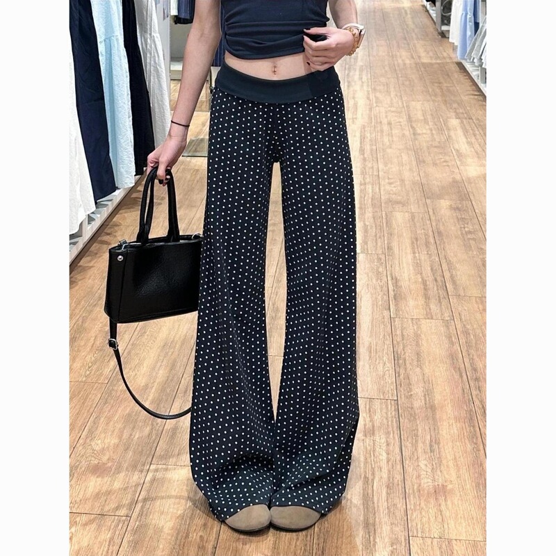 Korean Style Navy Blue Polka Dot Drapey Casual Pants for Women 2026 Summer New Slim Low-Waist Versatile Sports Flared Pants