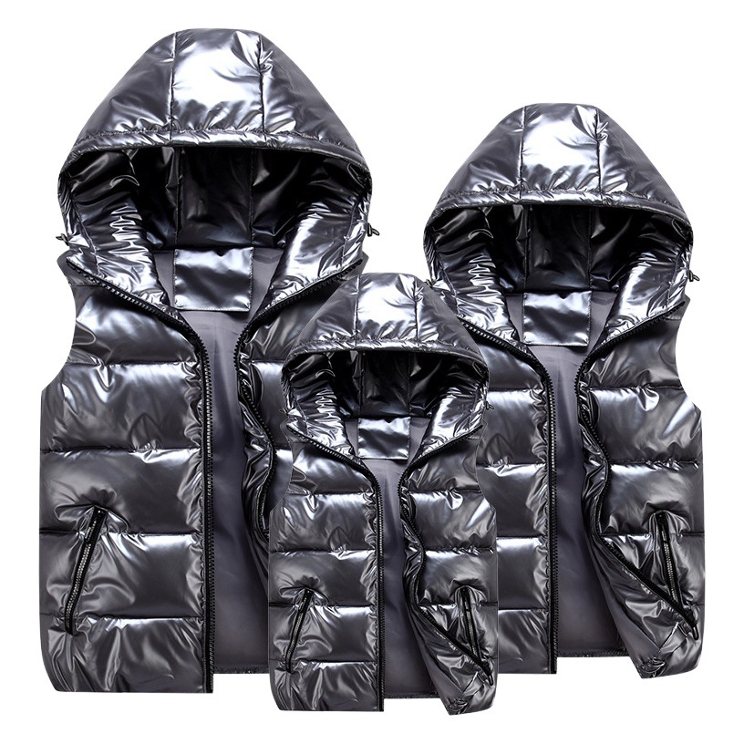 Autumn and Winter Family Glossy Stand-Up Collar Cotton Vest Men's Trendy Brand Thickeneded Hooded Slim Waistcoat Cotton Couple Vest Batch