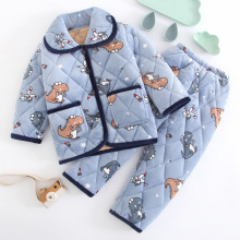 冬季儿童三层夹棉睡衣加绒加厚款法兰绒男童女童珊瑚绒家居服套装