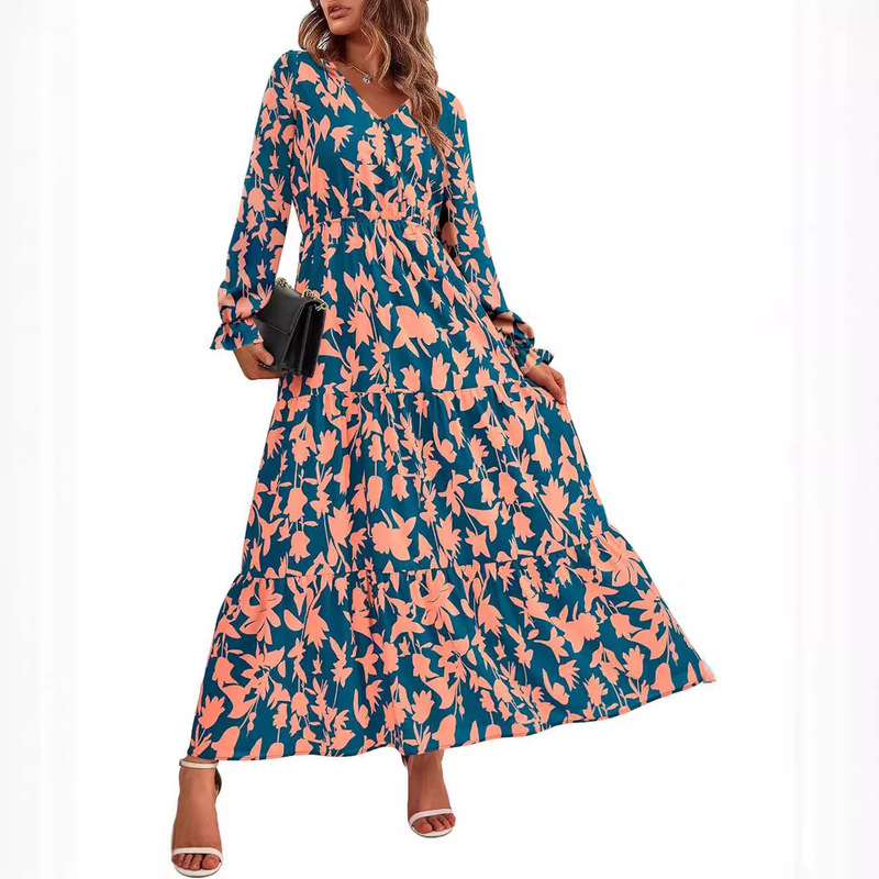2025 European and American Cross-Border Amazon Export Women's Clothing Shein V Neck Elastic Waist Printed Casual Long-Sleeved Dress