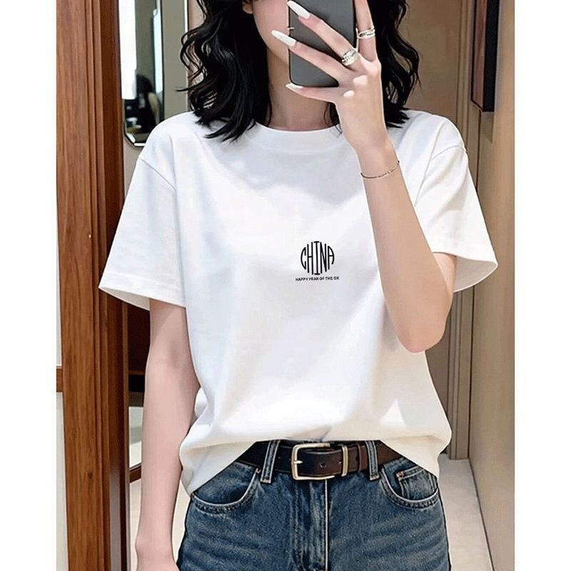 2026 Summer White Pure Cotton Short-Sleeve T-Shirt for Women, Slim Fit, Fashionable, Versatile, Casual Style, Base Shirt Top