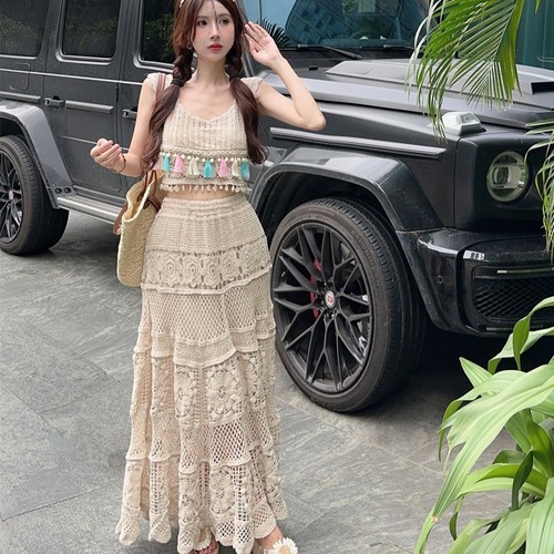 2025 New Heavy Industry Slimming A-line Large Swing Elastic Waist Hiding Fat Cashmere Crochet Hollow-out Long Dress Set for Women