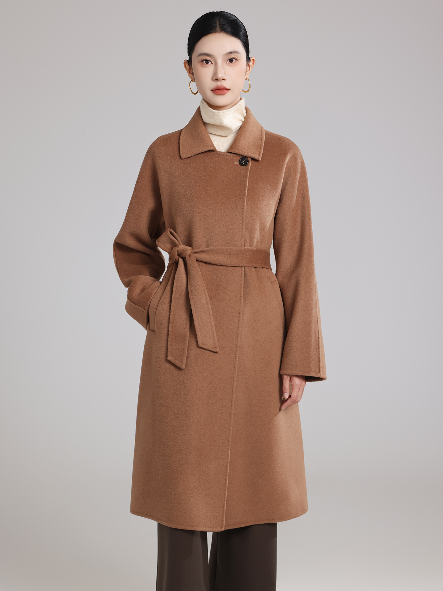 2025 New Autumn and Winter 30% Cashmere Double-Sided Outwear Wool Outwear High-End Mid-Length Women's Lapel Woolen Outwear