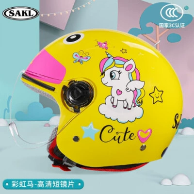 3C Certified Half Helmet Boys | Motosiklet kaskı (dəbilqə) - 3c-rainbow-horse-yellow-short-mirror