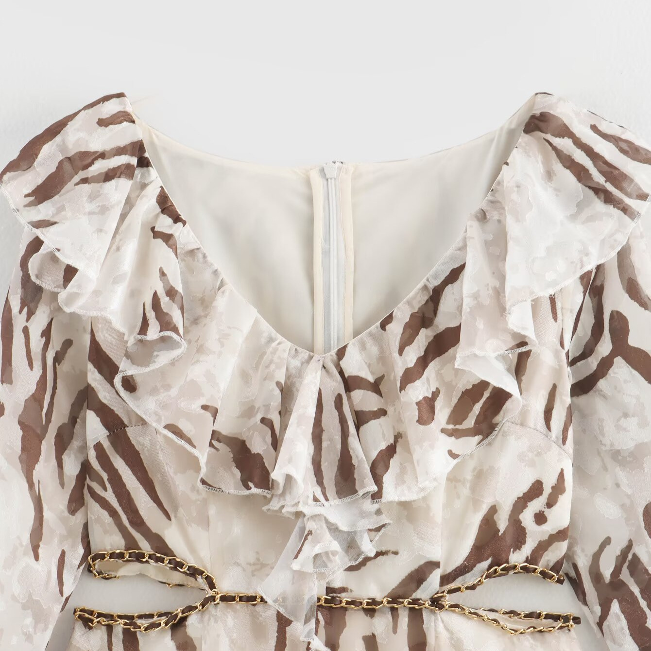 Chiffon Cut Flower Print Ruffled Long Sleeve Dress