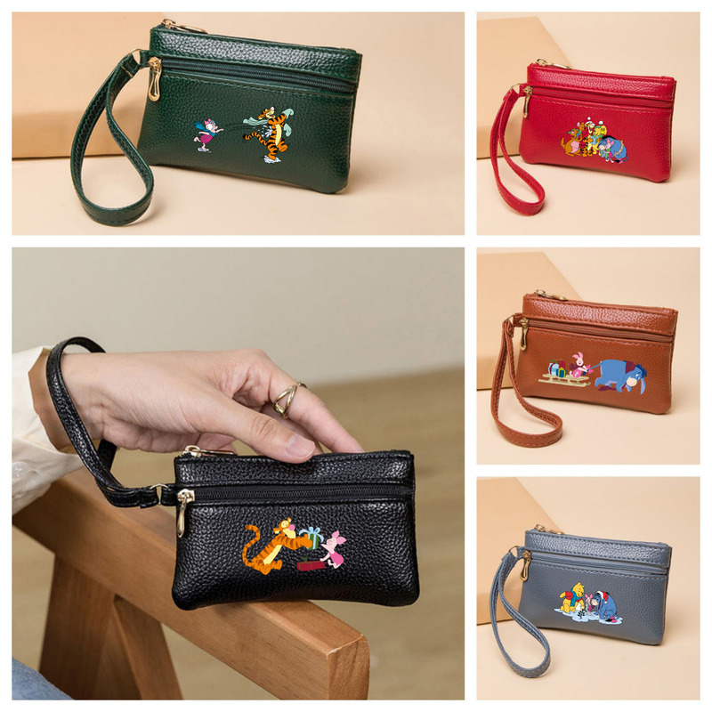 Cartoon Winnie the Pooh Coin Purse with Lychee Pattern, Double Zipper, Wrist Strap Bag, Pu Card Holder, Coin Pouch, Storage Bag
