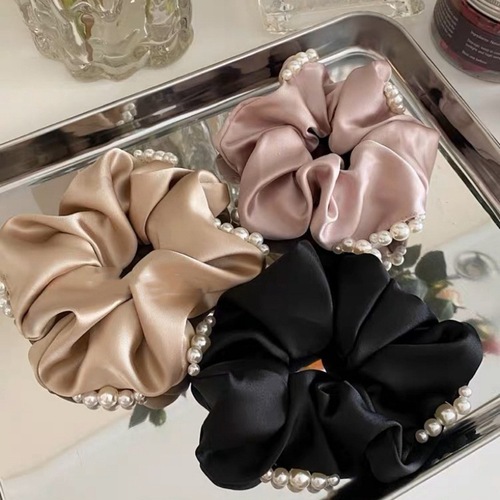 French new style elegant pearl satin large intestine hair tie simple Hepburn style high-end hair tie hair rope hair accessory