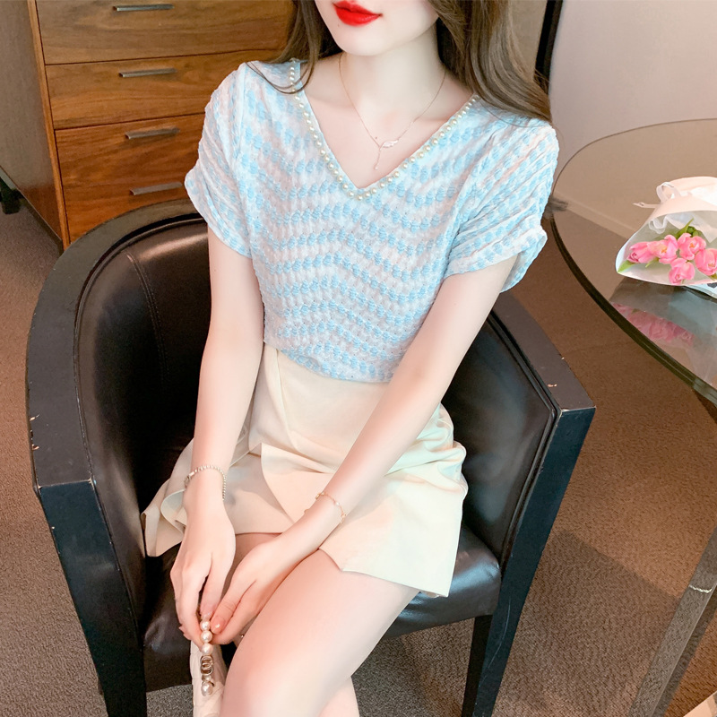 2025 new summer fashion Korean style V-neck pearl lace shirt chiffon…