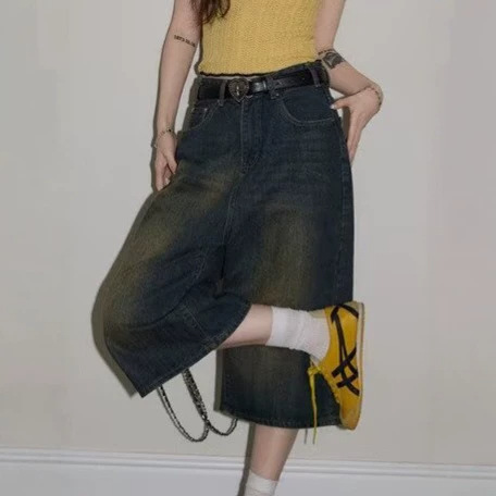 Versatile plus-size women's cropped wide-leg pants, summer large-size vintage design, loose high-waisted straight jeans