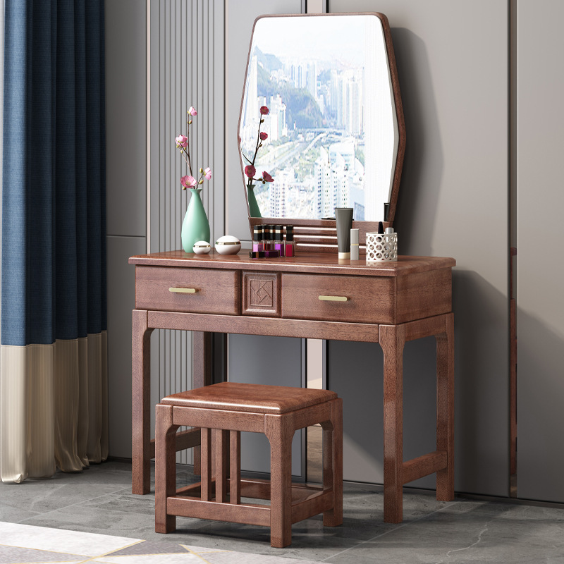 北欧梳妆台简约现代化妆桌实木化妆台折叠梳妆台实木带镜子带妆凳|ms