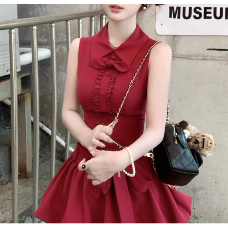 フレンチシンプル 25ss 赤い花の夜チェリーレッドウサギ耳シャツ襟レースアップ花のつぼみドレス女性の新しいスタイル|undefined