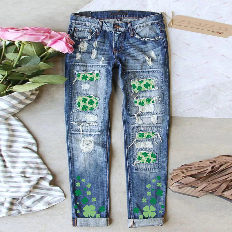 European and American 2025 Export Cross-Border Four-Leaf Clover Printed Patch Ripped Jeans Women's Straight Mid-Waist Pants in Stock