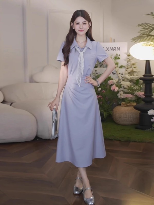 2025 新しいフレンチスクエアネック半袖ドレス女性の夏のデザインニッチ気質ウエスト痩身ロングスカート|undefined