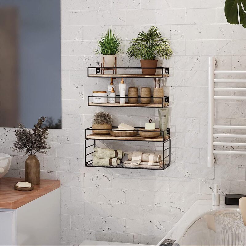 Bathroom Floating Rack with Paper Basket Farmhouse Toilet Small Shelf Wall Decoration Kitchen Wall Mounted Bracket