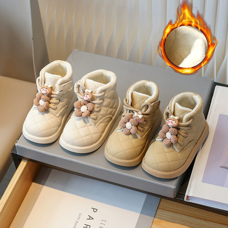 Ботинки для девочек на флисовой подкладке, новые зимние детские короткие сапоги, женские хлопковые сапоги на липучке для маленьких девочек, хлопковая обувь на мягкой подошве для маленьких девочек