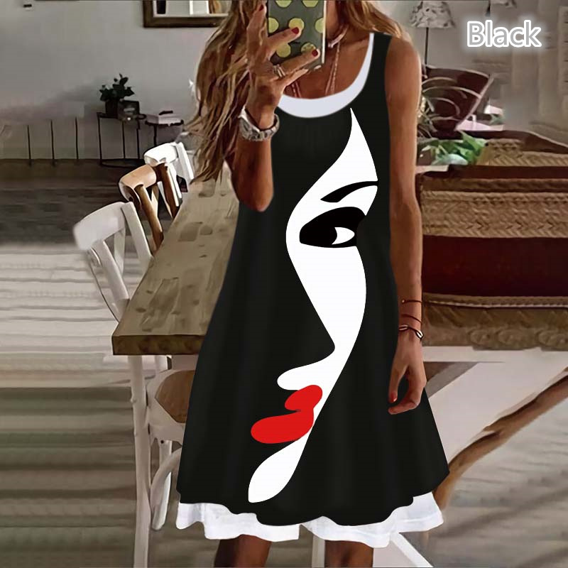 Casual Fashion Printing Round Neck Sleeveless Printing Polyester Knee-Length Tank Dress
