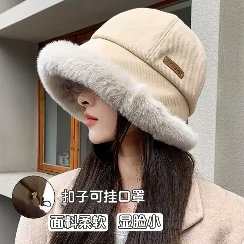 秋冬新款毛绒渔夫帽女加绒加厚网红针织保暖帽子显脸小百搭蒙古帽