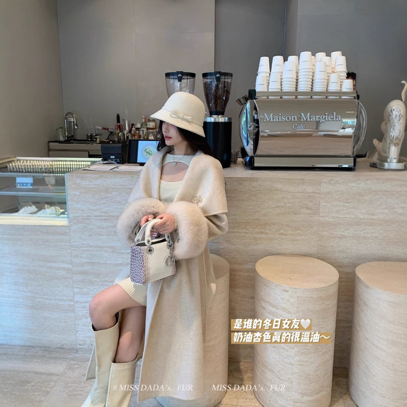 Korean Style Women's Wear Autumn and Winter New Double-sided Wool Coat Fox Wool Collar Ladded High-end Sense Coat Fur Lapel