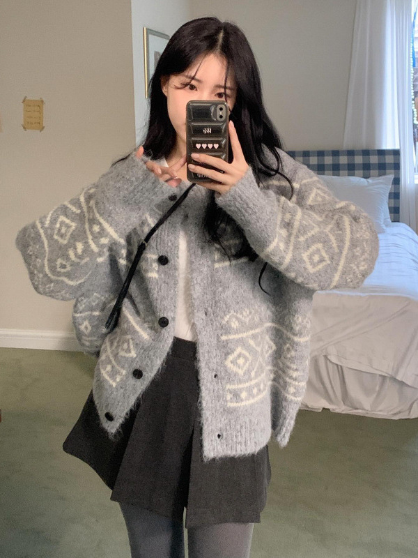 秋冬新款韩版设计感圆领套头复古提花撞色毛衣女针织衫开衫女毛衣|undefined