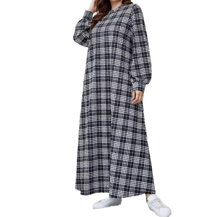 Cross-border Middle Eastern Muslim Women's Black And White Plaid Robe, Loose Plus-size Round-neck Long Dress Abaya_ecoleips.com