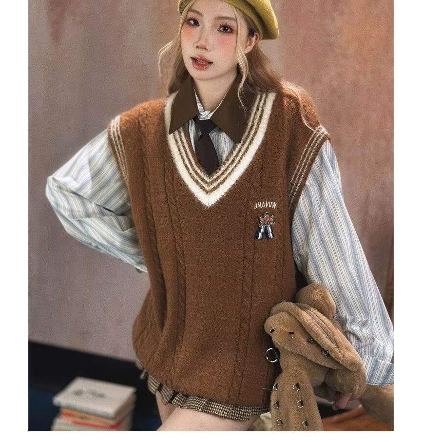 트렌디한 스퀘어 칼라 스탠다드 청소년 패션 신작 하라주쿠 여름 일본식 나비 자수 스트라이프 긴팔 셔츠 배색