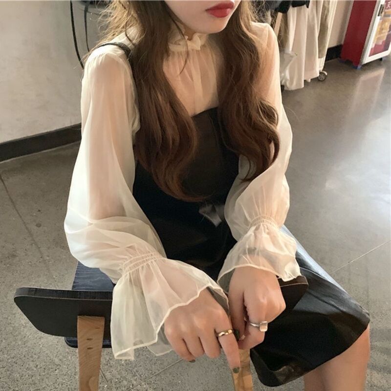 Autumn and Winter Elegant Lace Bottoming Shirt for Women, Long-Sleeved Mesh Ruffled Bell Sleeves, Western-Style Chiffon Top
