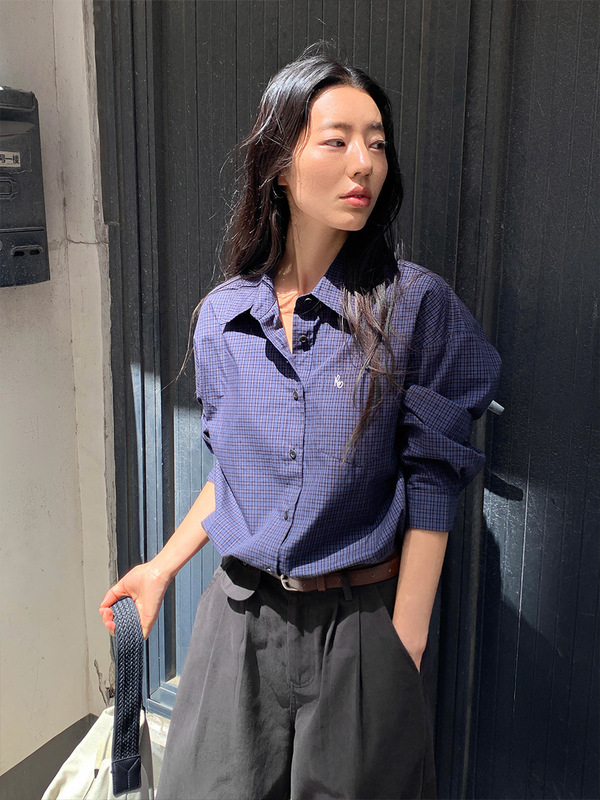 MOXI 十三行女装秋季新款女式衬衫女慵懒宽松格子绣花衬衣上衣女|undefined