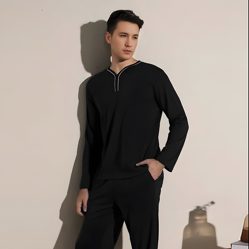 클래식 넉넉한 와인 컵 칼라 긴팔 바지 정장 60S 모달 혼합 캐주얼 홈웨어 잠옷 및 남성용 파자마