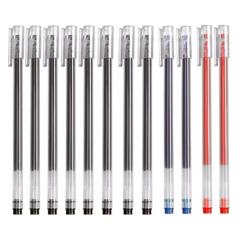 Black rollerball pen, red water-based pen