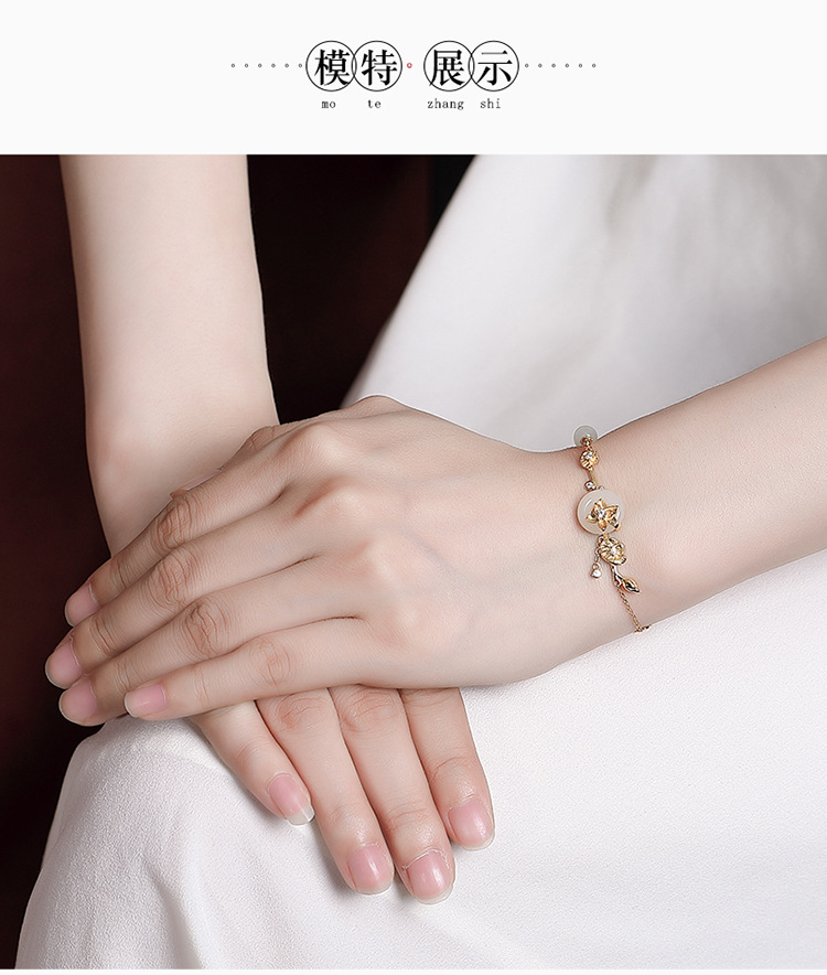 Vòng tay bạc S925 đá ngọc bích Hòa Điền hình hoa sen phong cách cổ điển — Kiểu màu bạc chi tiết 8