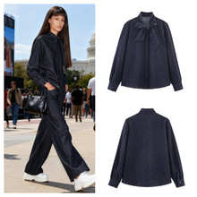 欧美风2025新款时尚气质女宽松蝴蝶结饰牛仔衬衫外套