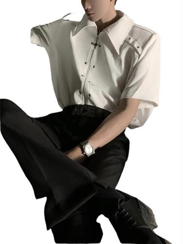 Summer Niche Metal Deconstruction Design Shoulder Shirt for Men, High-End Cool Bad Boy Style Loose Zip Short Sleeve Shirt