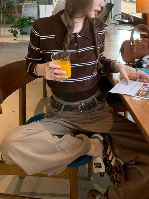 韩版复古撞色条纹长袖针织开衫女超好看的小个子显瘦穿搭套头上衣|undefined