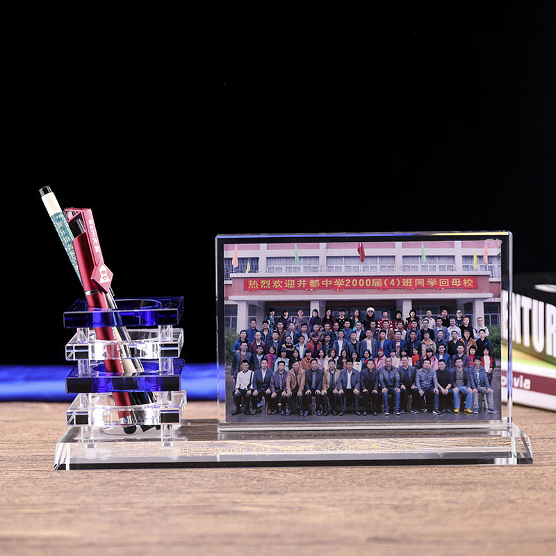 Classmate reunion souvenir custom crystal pen holder custom crystal photo frame pen holder gift set making wholesale