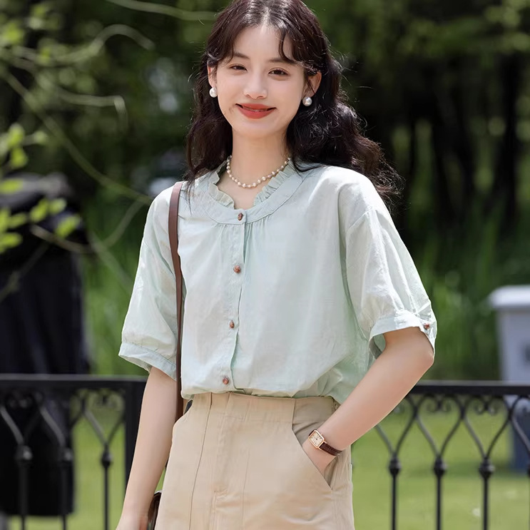 2026 Summer New Japanese-Style Loose Cotton Linen Ruffled Round-Neck Sweet Wooden Button French Short-Sleeve Shirt for Women
