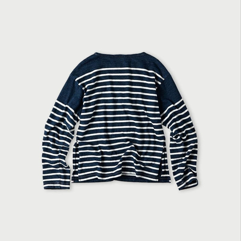 Striped Indigo Long-Sleeve T-Shirt with Long Side Slits, Basque Stripe Design, Unisex Couple Style, Long-Sleeve Top Striped Indigo Long-Sleeve T-Shirt with Long Side Slits, Basque Stripe Design, Unisex Couple Style, Long-Sleeve Top