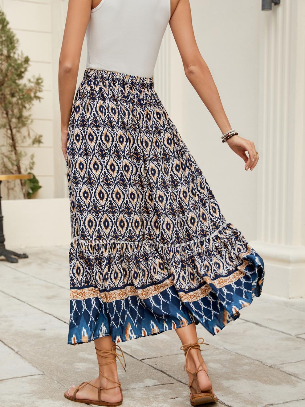 Bohemian European American Style Rayon Printed A-line Midi Skirt Vacation, Beach, And Seaside, With A Large Hemline For_ecoleips.com