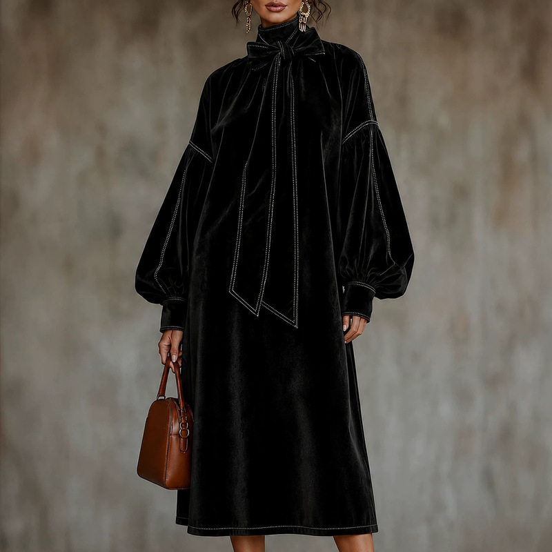Anno's self-developed 2026 European and American women's clothing Amazon independent station high-neck vintage velvet long-sleeve dress with tie Anno's self-developed 2026 European and American women's clothing Amazon independent station high-neck vintage velvet long-sleeve dress with tie