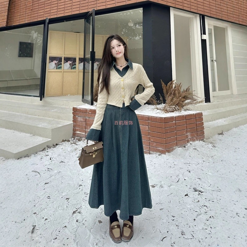 针织拼接假两件牛仔两件套上衣女装秋冬季新款a字半身裙套装裙子|undefined