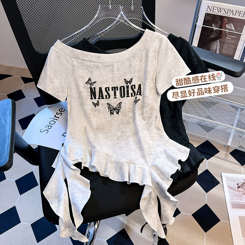 Лето 2025, новый универсальный топ в корейском стиле с завязками и нерегулярным принтом бабочки, с короткими рукавами, утягивающий топ