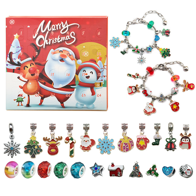 Amazon Venta caliente 24 días calendario cuenta atrás Navidad sorpresa ciego caja set DIY pulsera hecha a mano para niños