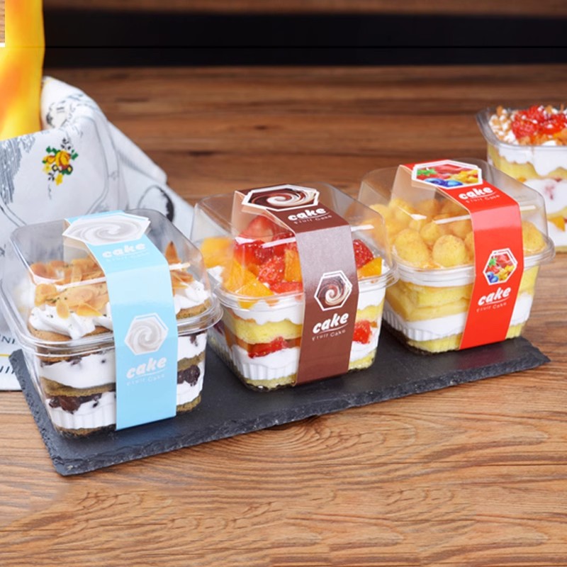 Transparente cuadrado de alta cubierta leche fruta pastel caja mousse multi-capa crema fruta pudín embalaje caja desechable plástico