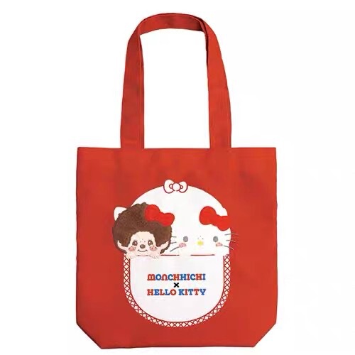 Japanese Style Sanrio Kitty Monchhichi Double-Sided Pattern Shoulder Bag Large Capacity Red Canvas Bag Tote Bag