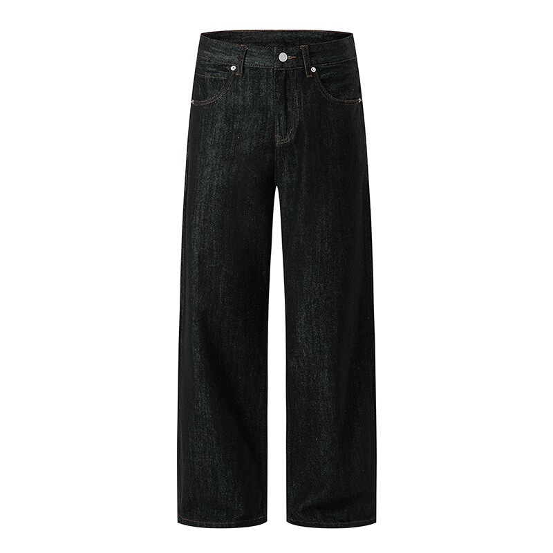 American retro black raw denim A-line straight-leg jeans for men and women, trendy brand cleanfit loose long pants American retro black raw denim A-line straight-leg jeans for men and women, trendy brand cleanfit loose long pants