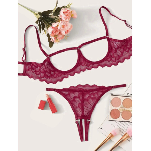 Semi-exposed breast, three-point strappy, sheer, seductive panties with open crotch—detachable two-piece set