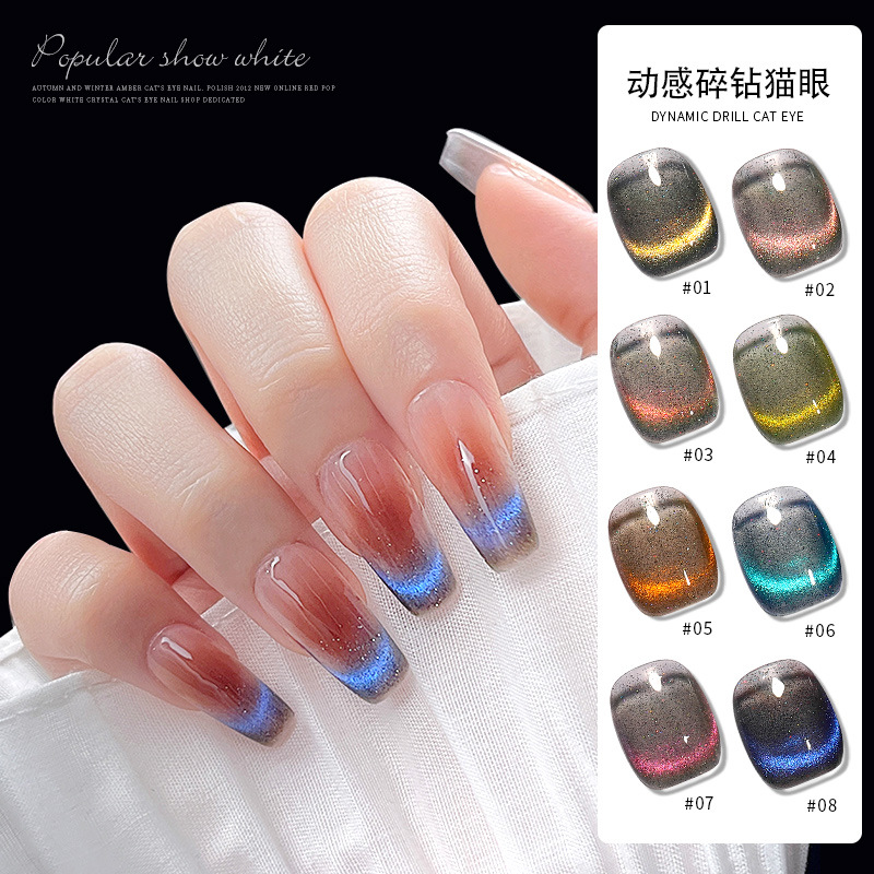 Esmalte de uñas de gel con efecto ojo de gato, cristales triturados y diamantes dinámicos para otoño e invierno 2025, nuevo gel fototerapéutico deslumbrante, estilo moderno y popular en internet.
