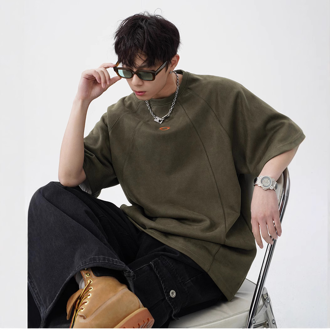 Heavy Suede Embroidered Short-sleeved T-shirt Men's American Style Deconstructed Design Sense Half-sleeved Fashion Brand High Street Casual Loose T-shirt